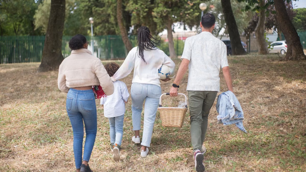 Family walking together carrying picnic basket in a sunny park.
